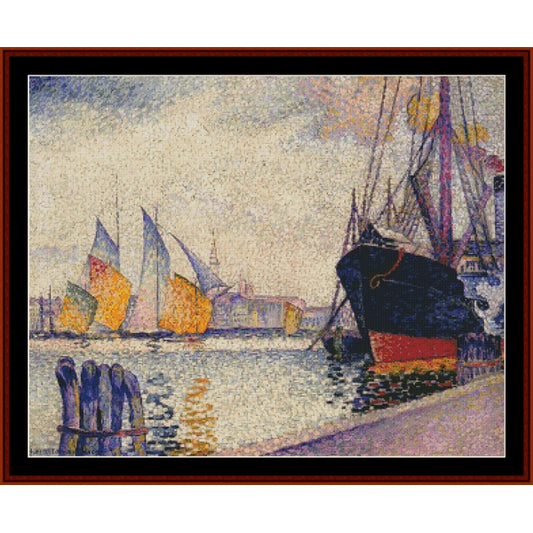 Counted Cross Stitch Pattern by Cross Stitch Collectibles of boats on a dock with a colorful palette.