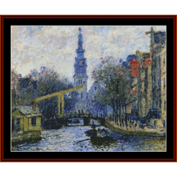 Counted Cross Stitch Pattern by Cross Stitch Collectibles of a canal scene with a bridge and buildings.