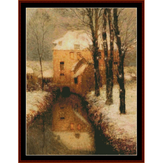 Counted Cross Stitch Pattern by Cross Stitch Collectibles of a house with a snow-covered roof in a snowy landscape.