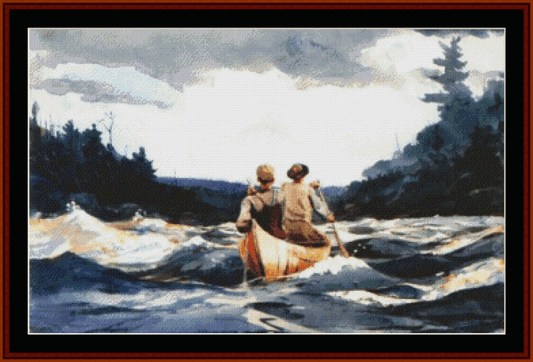 Counted Cross Stitch Pattern by Cross Stitch Collectibles of a painting depicting a canoe in rough waters with a clear sky and pine trees in the background.