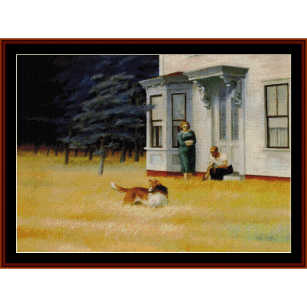 Counted Cross Stitch Pattern by Cross Stitch Collectibles depicting a dog and a person sitting on a steps leading to a house, with a tree and a clear sky in the background, approximately 25 inches by 18.5 inches in size.