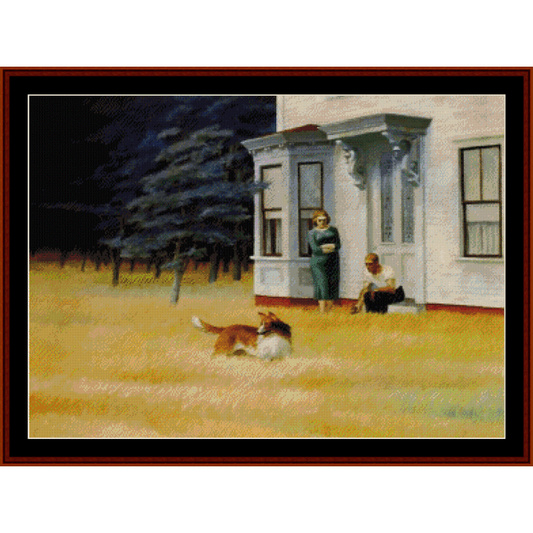 Counted Cross Stitch Pattern by Cross Stitch Collectibles depicting a dog and a person sitting on a steps leading to a house, with a tree and a clear sky in the background, approximately 25 inches by 18.5 inches in size.
