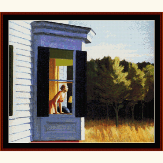 Counted Cross Stitch Pattern by Cross Stitch Collectibles depicting a scene with a person standing by an open window, with a black and white chart, a full color front cover, and a comprehensive instruction sheet.