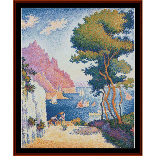 Counted Cross Stitch Pattern by Cross Stitch Collectibles of a coastal scene with trees and people, reminiscent of Pointillist style.