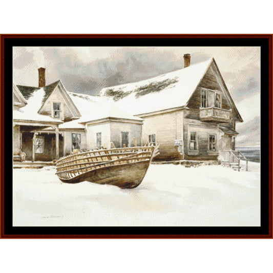 Counted Cross Stitch Pattern by Cross Stitch Collectibles of a snowy scene with a house and boat