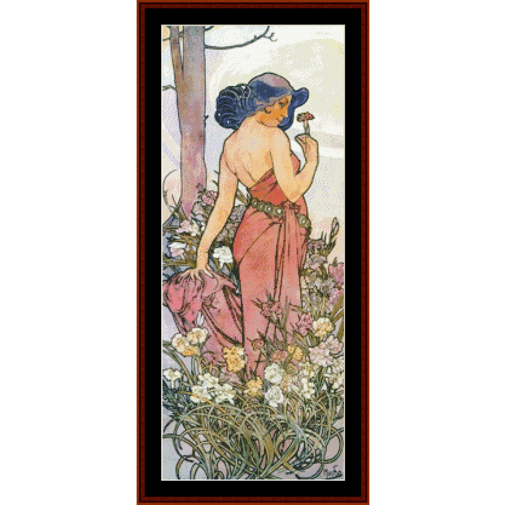 Counted Cross Stitch Pattern by Cross Stitch Collectibles of a woman in a floral setting with a flower in her hand