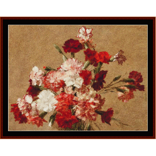Counted Cross Stitch Pattern by Cross Stitch Collectibles depicting a bouquet of red and white carnations with green leaves on a beige background