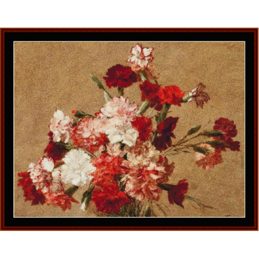Counted Cross Stitch Pattern by Cross Stitch Collectibles depicting a bouquet of red and white carnations with green leaves on a beige background