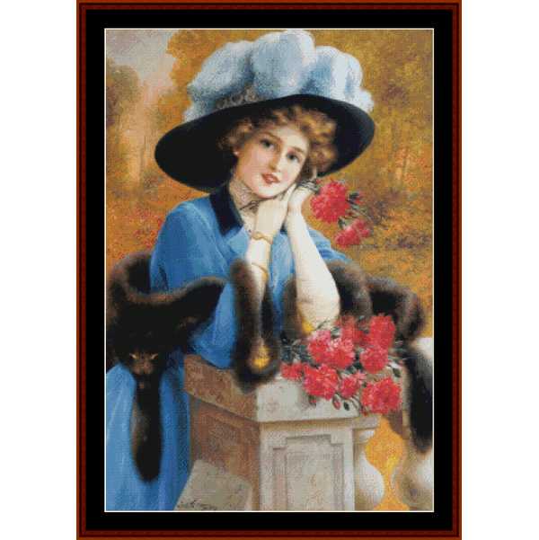 Vintage-style Counted Cross Stitch Pattern by Cross Stitch Collectiblesof a woman in a blue dress and large hat with flowers
