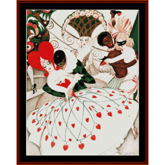 Counted Cross Stitch Pattern by Cross Stitch Collectibles of a woman in a heart-themed dress with a man in a suit, framed with decorative elements.