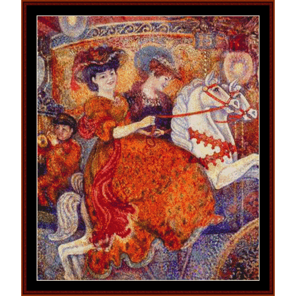 Counted Cross Stitch Pattern by Cross Stitch Collectibles depicting a vintage carnival scene with people riding on a carousel horse.