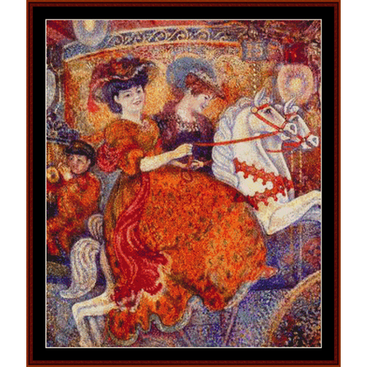 Counted Cross Stitch Pattern by Cross Stitch Collectibles depicting a vintage carnival scene with people riding on a carousel horse.