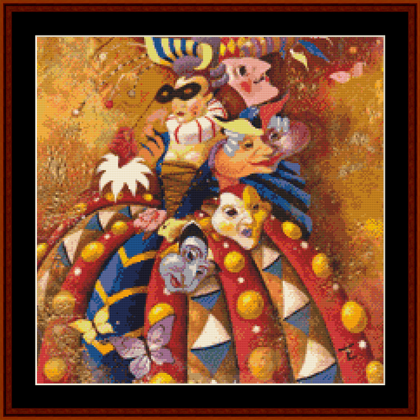 Counted Cross Stitch Pattern by Cross Stitch Collectibles depicting a colorful artistic representation of a carnival scene with various figures and masks.