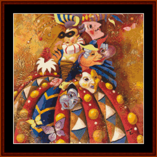 Counted Cross Stitch Pattern by Cross Stitch Collectibles depicting a colorful artistic representation of a carnival scene with various figures and masks.
