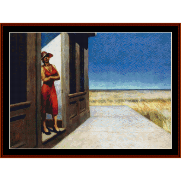 Counted Cross Stitch Pattern by Cross Stitch Collectibles depicting a person in a red dress standing in a doorway, with a blue sky and a landscape in the background.