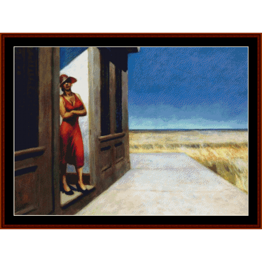 Counted Cross Stitch Pattern by Cross Stitch Collectibles depicting a person in a red dress standing in a doorway, with a blue sky and a landscape in the background.