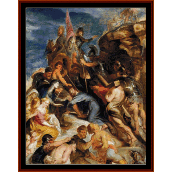 Counted Cross Stitch Pattern by Cross Stitch Collectibles depicting a scene with multiple figures, likely inspired by a religious or historical narrative, with a predominantly beige and brown color palette.
