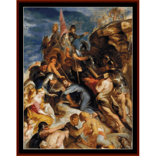 Counted Cross Stitch Pattern by Cross Stitch Collectibles depicting a scene with multiple figures, likely inspired by a religious or historical narrative, with a predominantly beige and brown color palette.