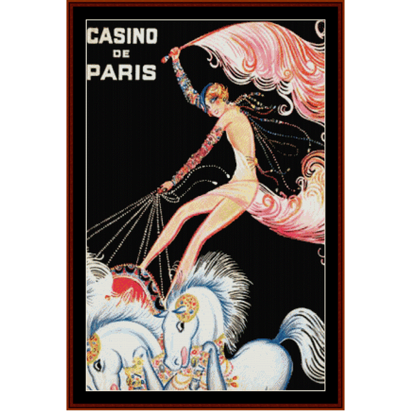 A vintage Counted Cross Stitch Pattern by Cross Stitch Collectibles of a woman sitting on a decorative horse with a 'Casino de Paris' text at the top.