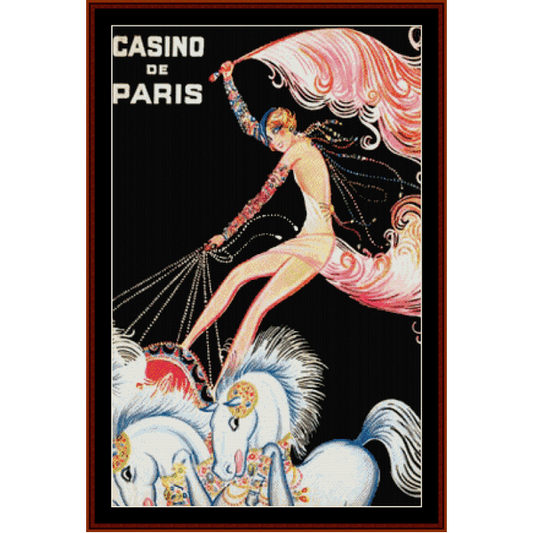 A vintage Counted Cross Stitch Pattern by Cross Stitch Collectibles of a woman sitting on a decorative horse with a 'Casino de Paris' text at the top.
