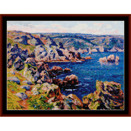 Landscape Counted Cross Stitch Pattern by Cross Stitch Collectibles of a coastal scene with cliffs and ocean.