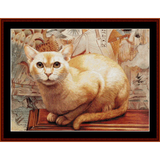 Counted Cross Stitch Pattern by Cross Stitch Collectibles depicting a vintage image of a cat perched on a surface with decorative elements in the background
