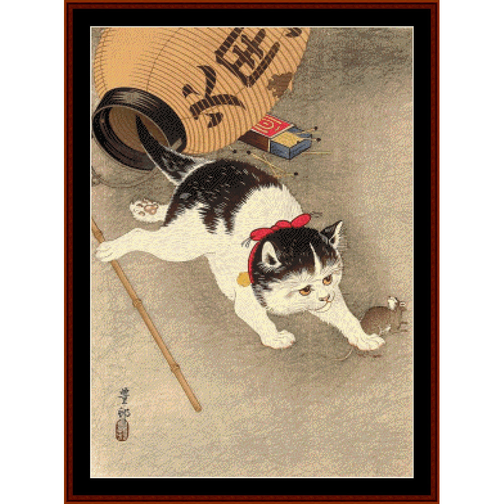 Vintage-style Counted Cross Stitch Pattern by Cross Stitch Collectiblesof a cat chasing a mouse with traditional elements.
