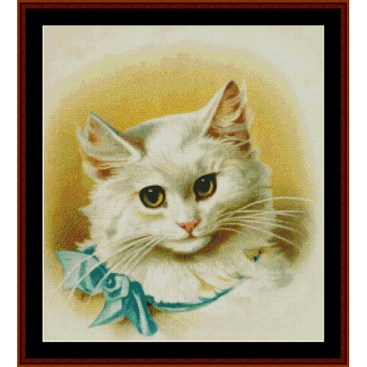 Counted Cross Stitch Pattern by Cross Stitch Collectibles portrait of a white cat with a blue bow on a beige background