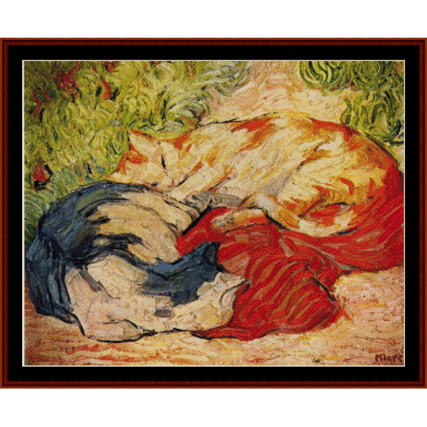 Counted Cross Stitch Pattern by Cross Stitch Collectibles depicting two cats in an abstract style with red, blue, and yellow