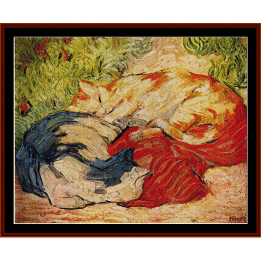 Counted Cross Stitch Pattern by Cross Stitch Collectibles depicting two cats in an abstract style with red, blue, and yellow