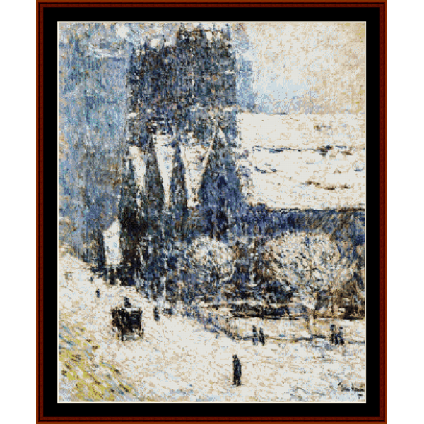 Counted Cross Stitch Pattern by Cross Stitch Collectibles of a church with people in the snow