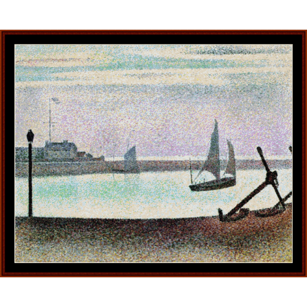 Counted Cross Stitch Pattern by Cross Stitch Collectibles of a sailboat and anchor on a beach with a cityscape in the background.