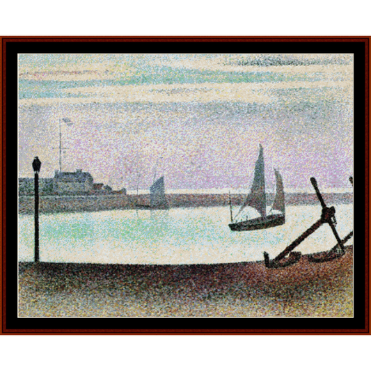 Counted Cross Stitch Pattern by Cross Stitch Collectibles of a sailboat and anchor on a beach with a cityscape in the background.