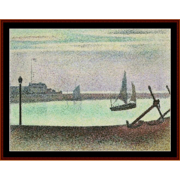 Counted Cross Stitch Pattern – Channel at Gravelines by Georges Seurat - Cross Stitch Collectibles - A framed art print depicting a calm harbor scene with sailboats on pale green water, a large vessel on the left, and an anchor on the right, rendered in a textured pointillist style