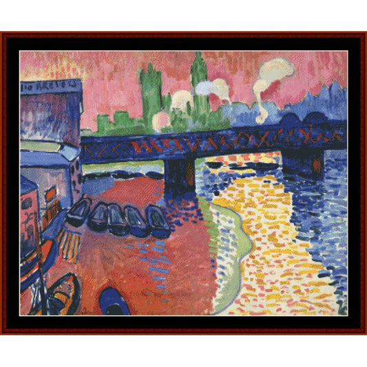 Counted Cross Stitch Pattern by Cross Stitch Collectibles of a bridge over water with buildings and boats in the background