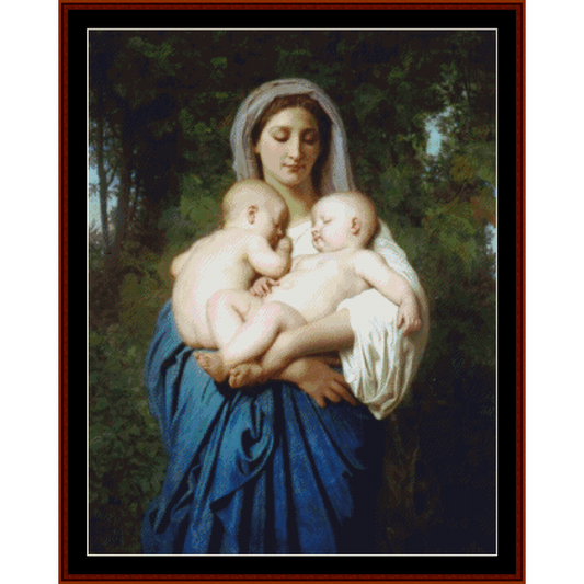 Counted Cross Stitch Pattern by Cross Stitch Collectibles depicting a painting of a woman with two children, all with a serene expression.