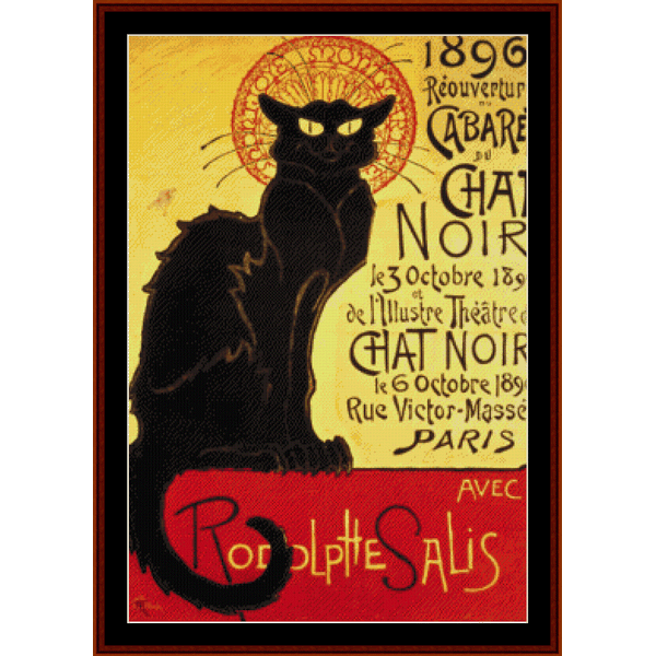 Counted Cross Stitch Pattern by Cross Stitch Collectibles depicting a vintage poster with a black cat, titled 'Chat Noir Cabaret'.