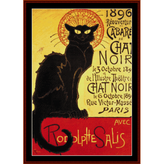 Counted Cross Stitch Pattern by Cross Stitch Collectibles depicting a vintage poster with a black cat, titled 'Chat Noir Cabaret'.