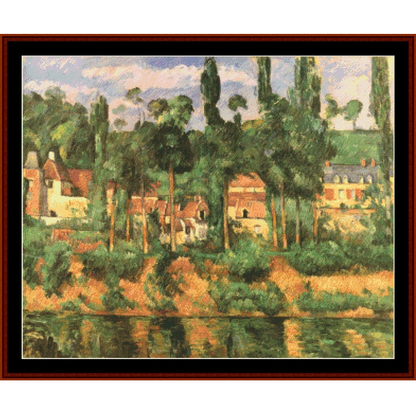 Cezanne' Counted Cross Stitch Pattern by Cross Stitch Collectibles featuring a colorful print of a Cezanne landscape with trees and buildings.