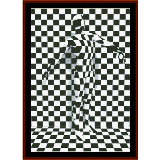 Black and white checkered Counted Cross Stitch Pattern by Cross Stitch Collectibles with a stylized figure in the center