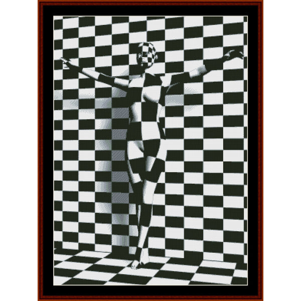 Black and white checkered Counted Cross Stitch Pattern by Cross Stitch Collectibles with a person in a crucifixion pose.
