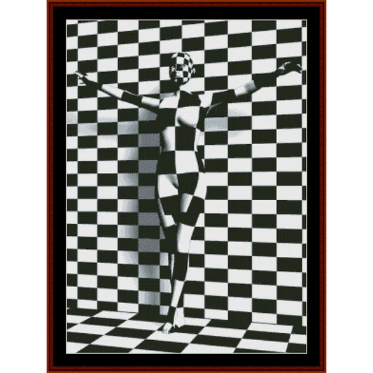 Black and white checkered Counted Cross Stitch Pattern by Cross Stitch Collectibles with a person in a crucifixion pose.