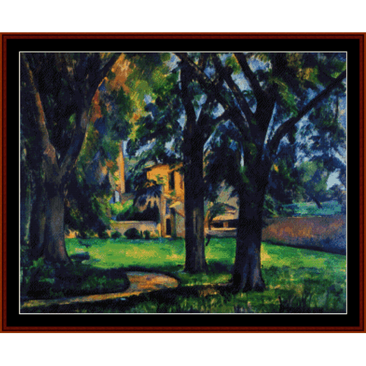 Counted Cross Stitch Pattern by Cross Stitch Collectibles depicting a landscape with chestnut trees and a farm, inspired by the artwork of Paul Cezanne.