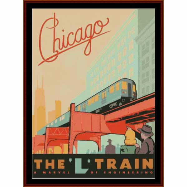 Vintage-style Counted Cross Stitch Pattern by Cross Stitch Collectibles of Chicago with a train and people