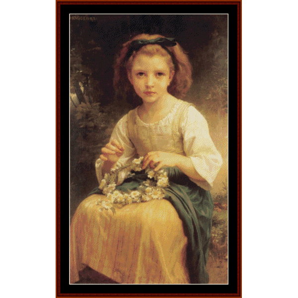 Counted Cross Stitch Pattern by Cross Stitch Collectibles of a young girl in a blue and green dress, braiding a crown