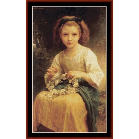 Counted Cross Stitch Pattern by Cross Stitch Collectibles of a young girl in a blue and green dress, braiding a crown