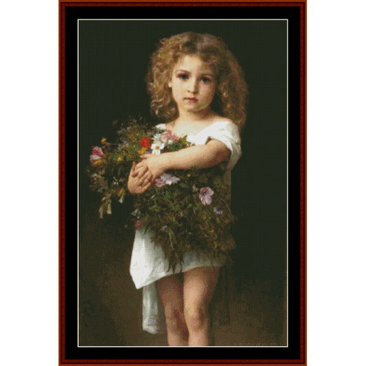 Vintage-style Counted Cross Stitch Pattern by Cross Stitch Collectibles of a young girl holding flowers