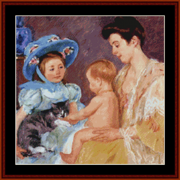 Counted Cross Stitch Pattern by Cross Stitch Collectibles depicting a scene of a child playing with a cat, based on the painting by Mary Cassatt.
