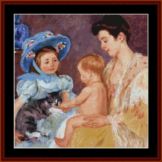 Counted Cross Stitch Pattern by Cross Stitch Collectibles depicting a scene of a child playing with a cat, based on the painting by Mary Cassatt.