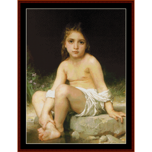 Counted Cross Stitch Pattern by Cross Stitch Collectibles featuring a young girl sitting by a stone fountain, reminiscent of the classic painting 'Child at Bath' by Bouguereau.